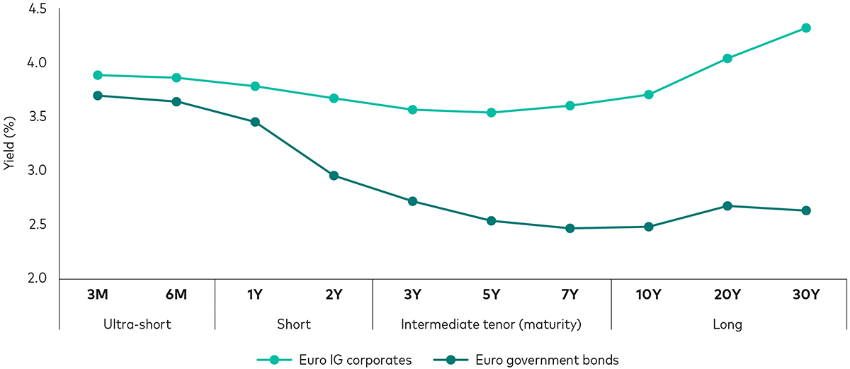 A line chart showing the yield curve for euro investment grade corporate bonds and euro area government bonds across different maturity buckets, as of 21 May 2024. 